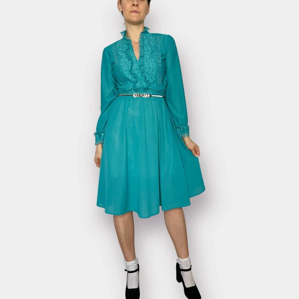 80s Jane Baar Teal Day‎ Dress with Lace Trim